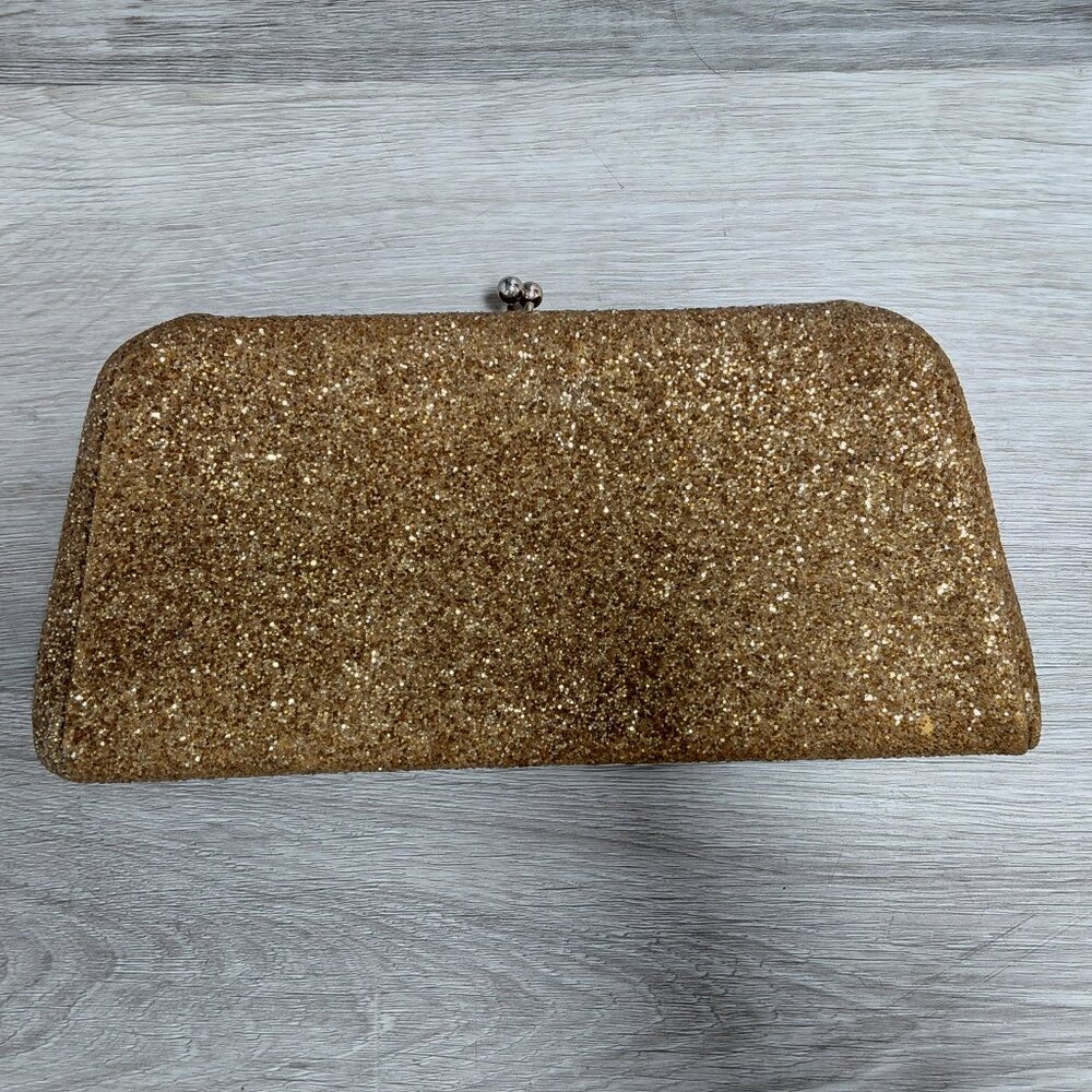Vintage Golden Glitter Snap Shut Clutch Purse Handbag with Gold Chain